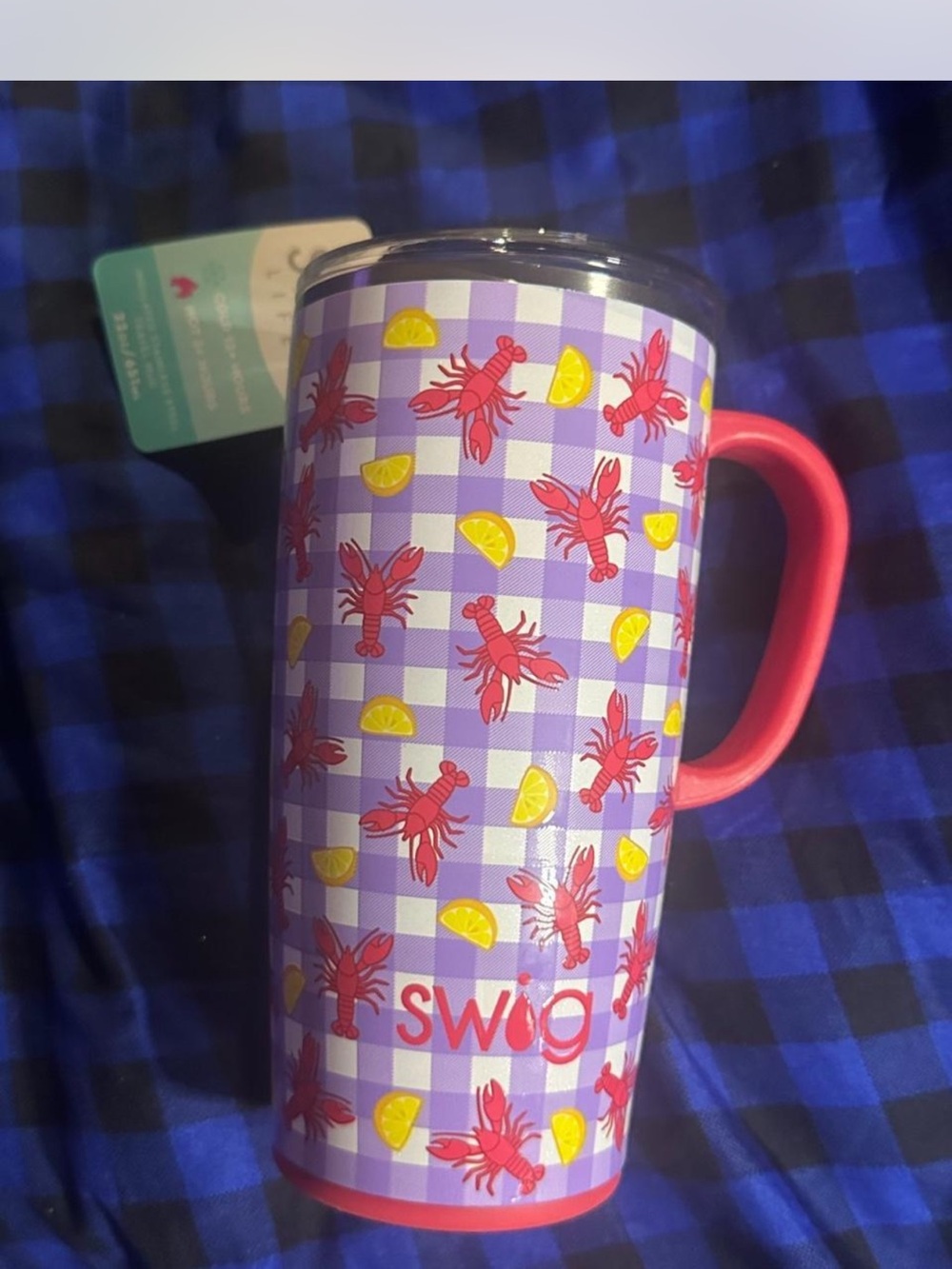 Swig Red Handle Purple Gingham Lobster Travel Mug